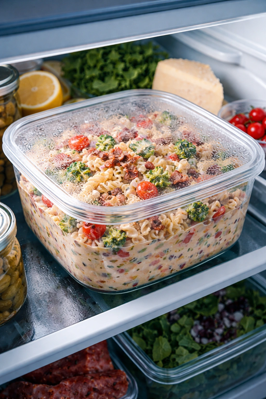 Pasta salad chilling in a fridge in a covered container
