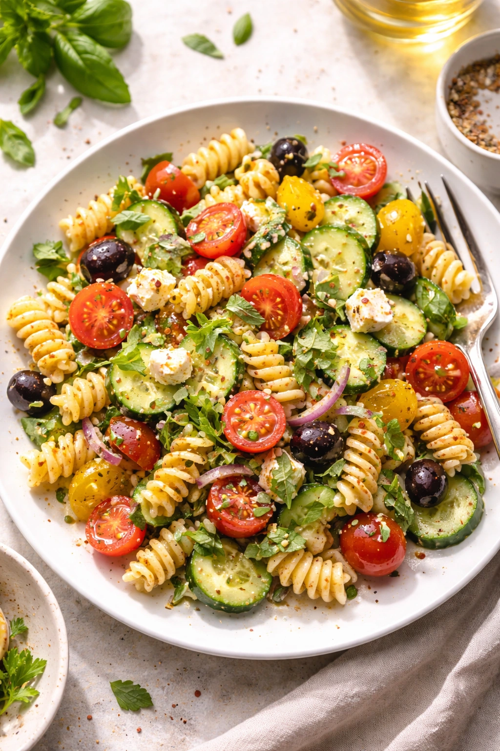 Plate of pasta salad with colorful vegetables on a neutral table