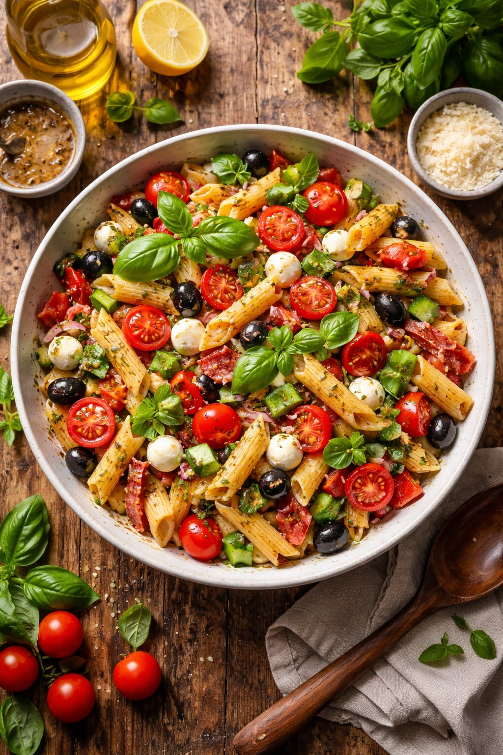 Vibrant pasta salad with colorful ingredients in a bowl
