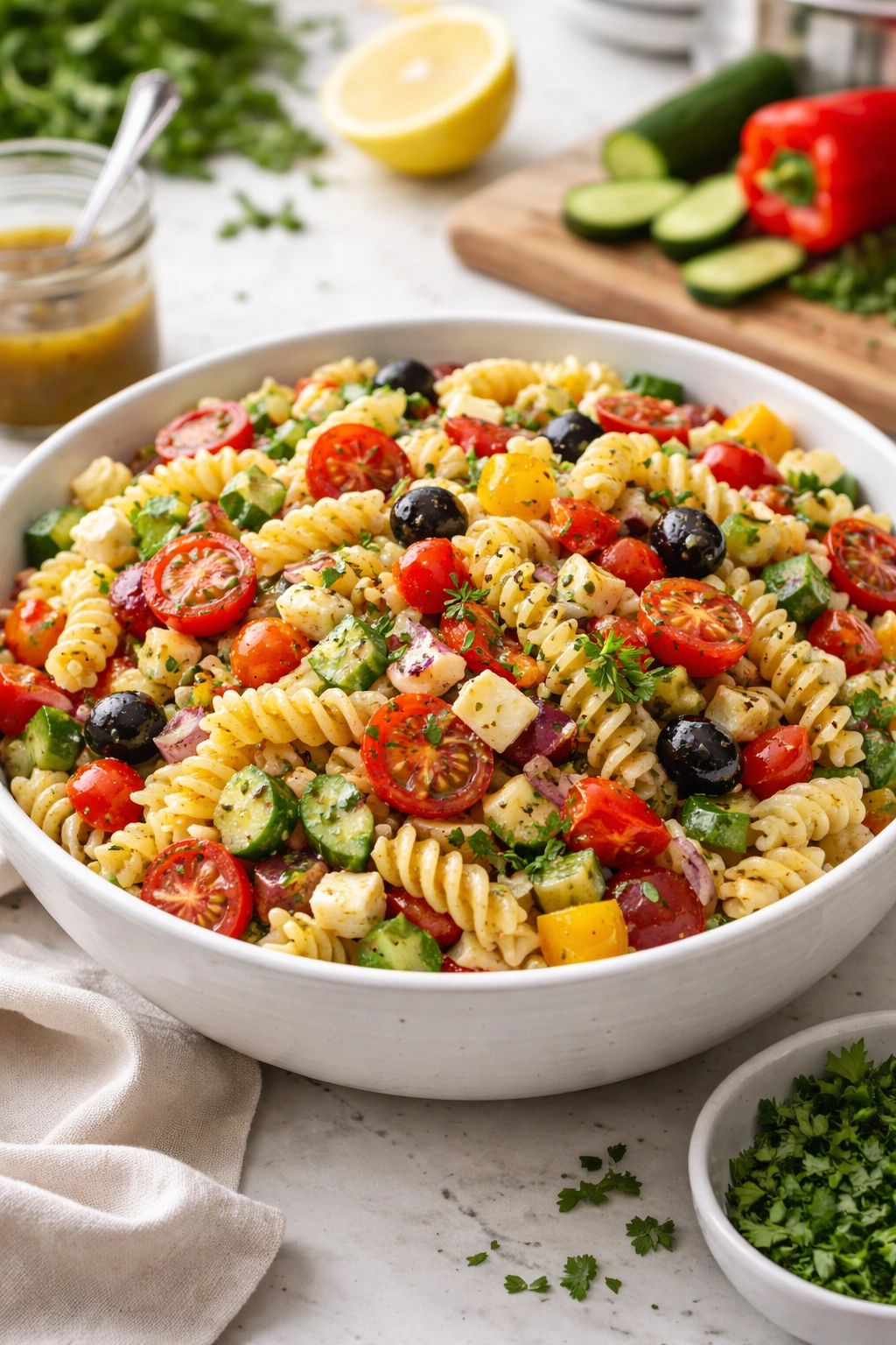 Close-up of pasta salad highlighting al dente noodles and evenly diced vegetables
