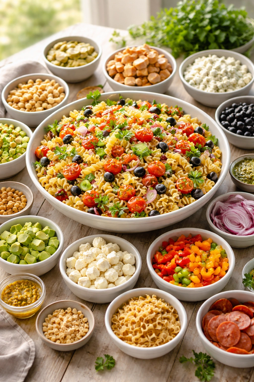 Pasta salad with varied toppings suggesting customization