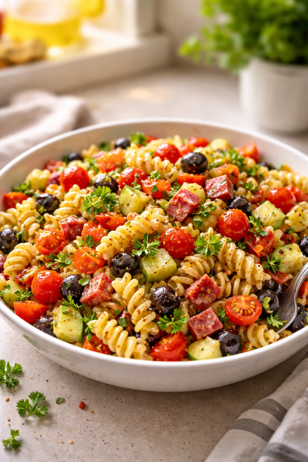 Gourmet-style pasta salad plated with warm lighting