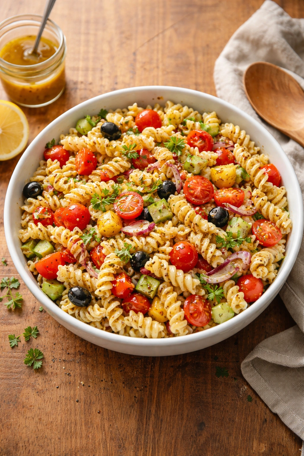 Final shot of tangy vinegar pasta salad ready to serve