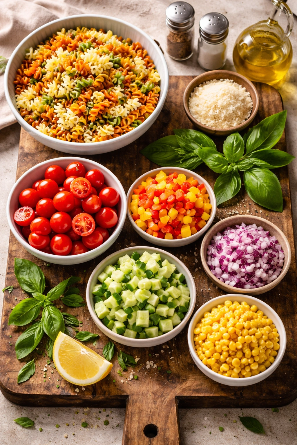 Colorful pasta salad ingredients arranged on a wooden board: pasta, tomatoes, peppers, cucumber, onion, corn, basil, Parmesan.
