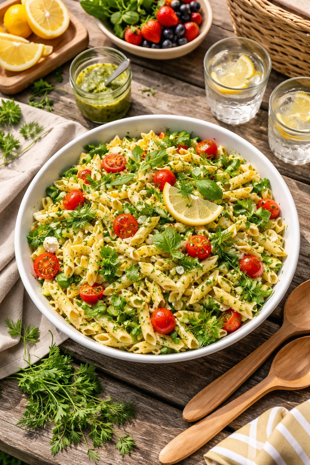 Bowl of pasta salad with lemon and herbs for picnic