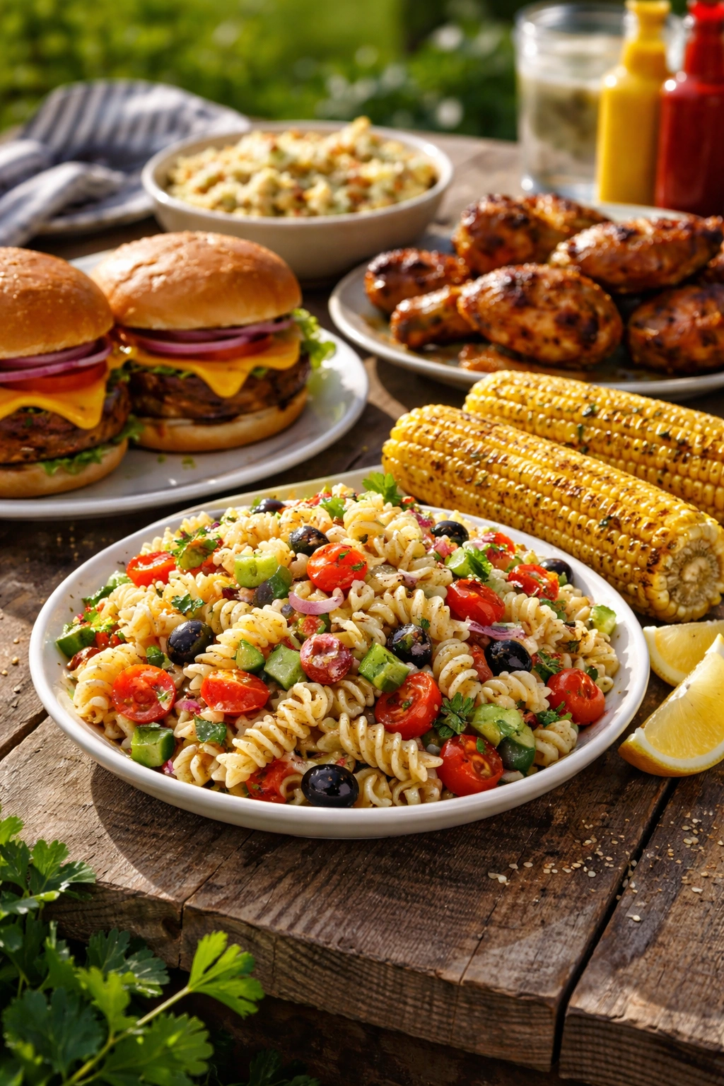 Pasta salad served with burgers and corn at a cookout