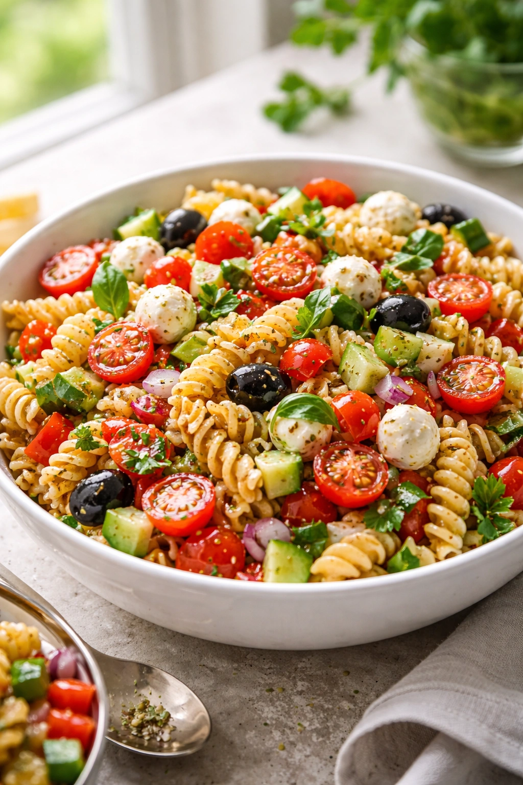 Vibrant pasta salad in a bowl emphasizing colors and textures