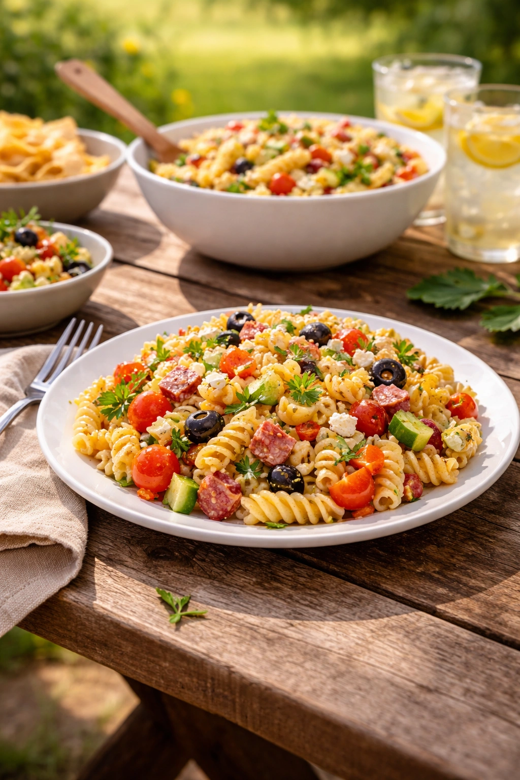 Pasta salad plated outdoors with soft sunlight