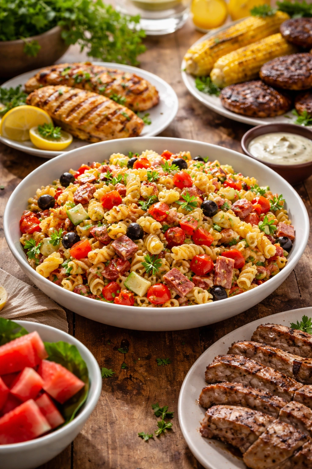 Pasta salad served in a shallow bowl with grilled chicken as a pairing.