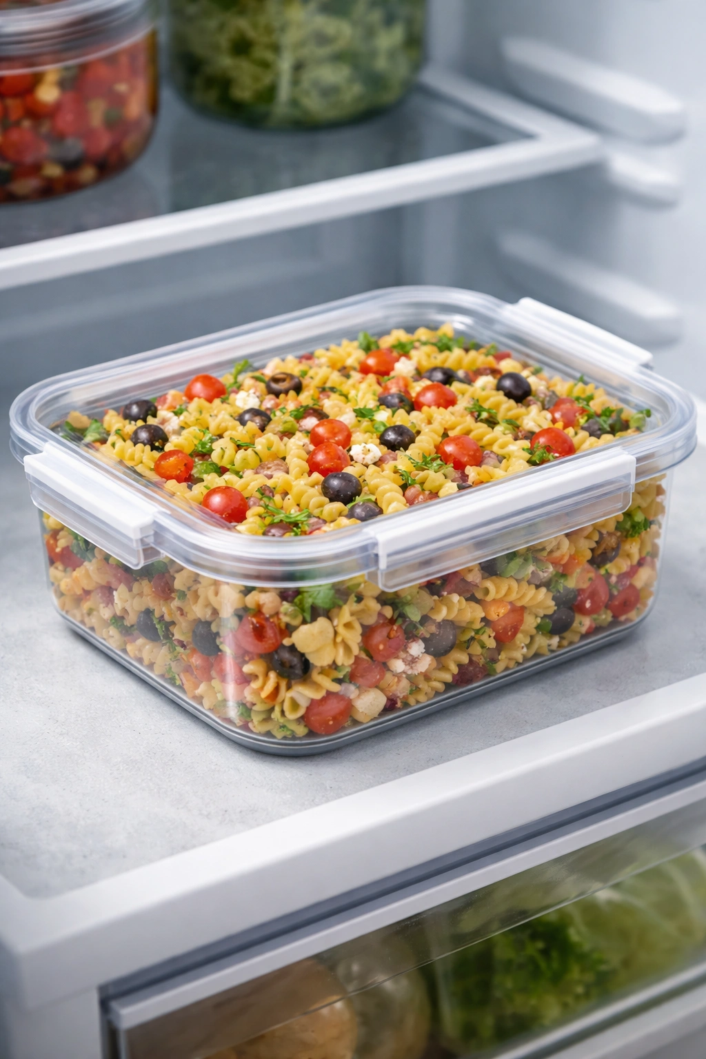 Pasta salad in an airtight container on fridge shelf for storage