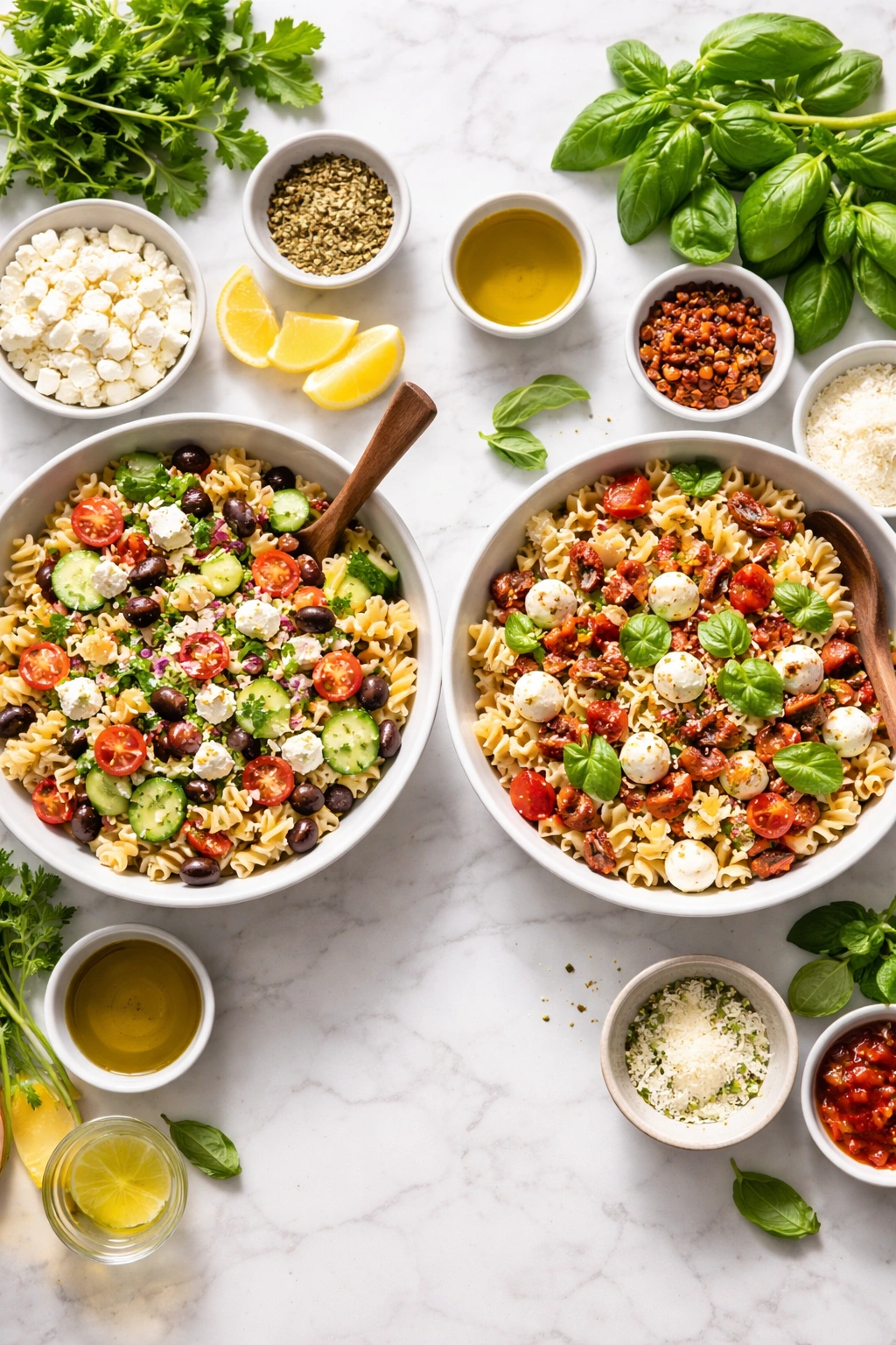 Two bowls of pasta salad with different ingredients showing variations.