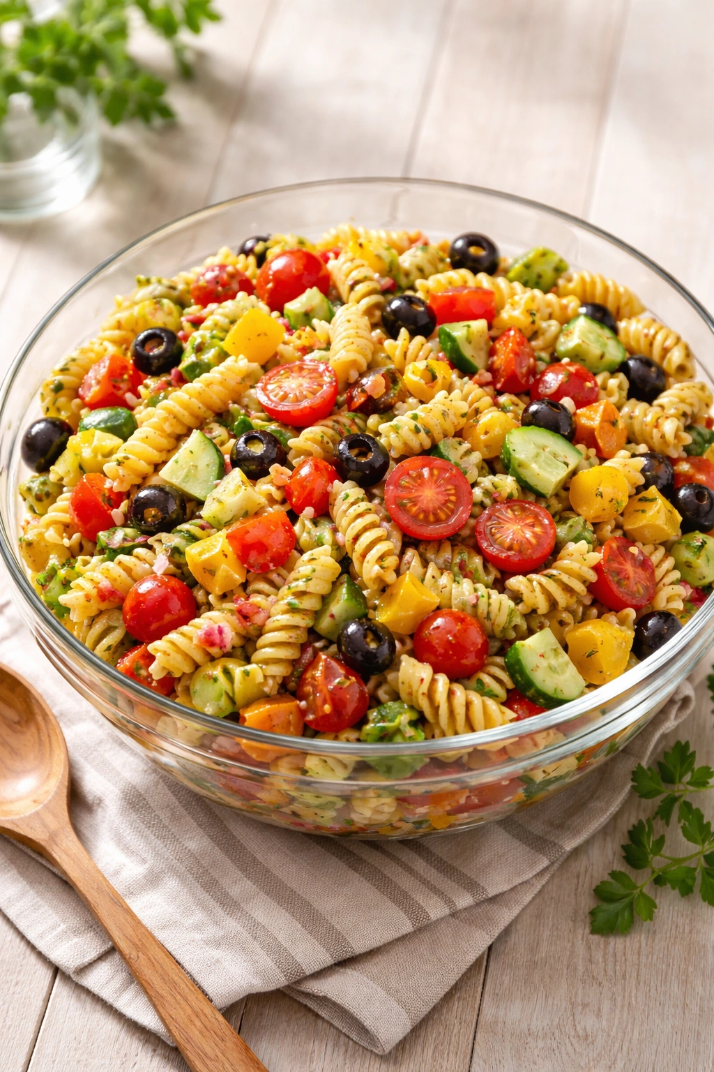 Colorful pasta salad with fresh vegetables in a glass bowl.