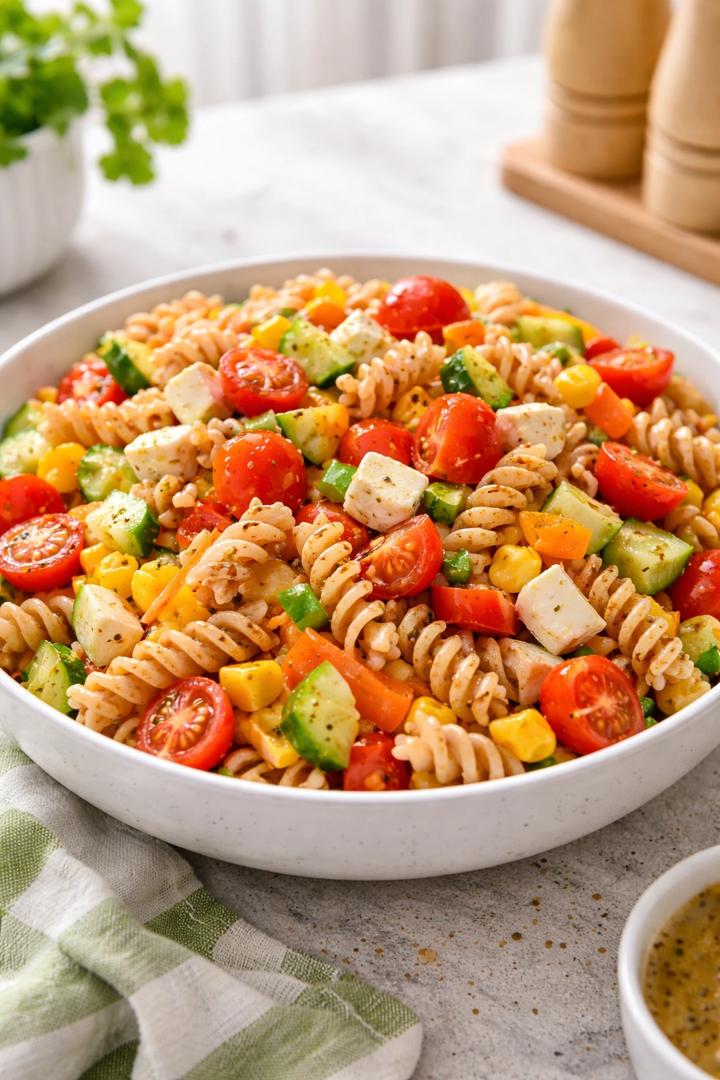 Close-up of a cold pasta salad with veggies and chicken in a bowl