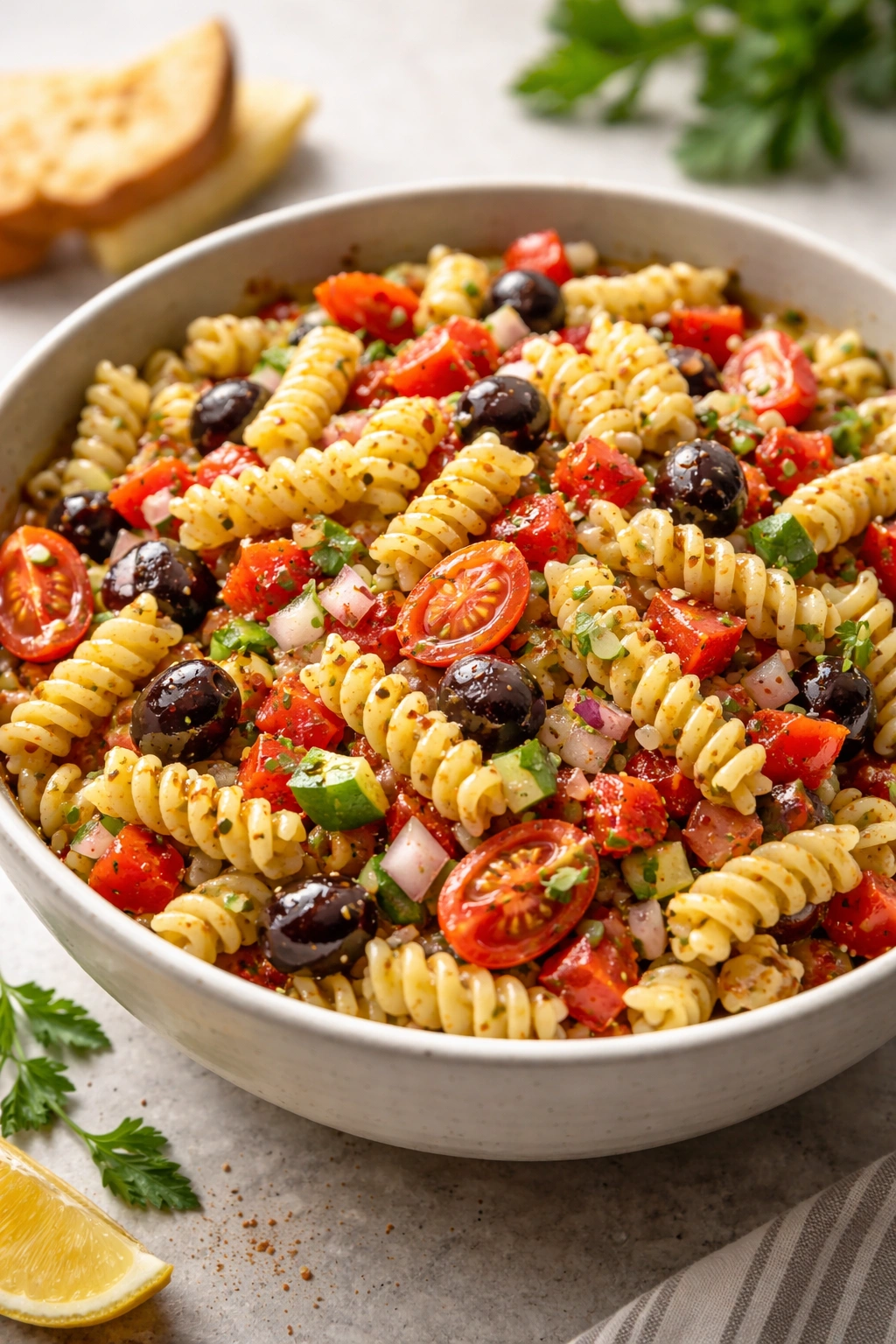Close-up of a tangy vinegar pasta salad in a bowl with colorful vegetables