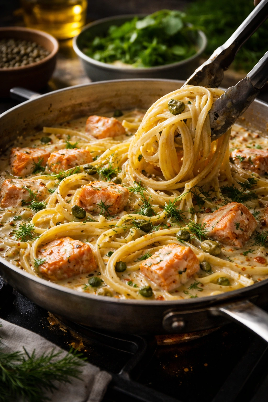 Pasta and salmon tossed together in a pan with herbs