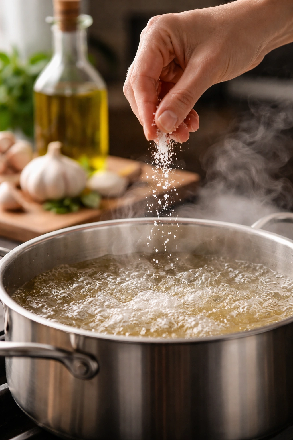 Hands sprinkling salt into a simmering pot to start pasta seasoning with garlic hint.