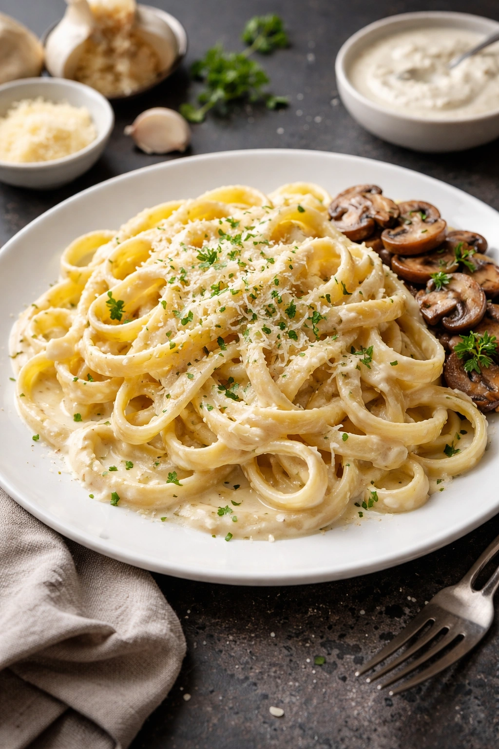 Plate of fettuccine with creamy garlic sauce and mushrooms illustrating best use