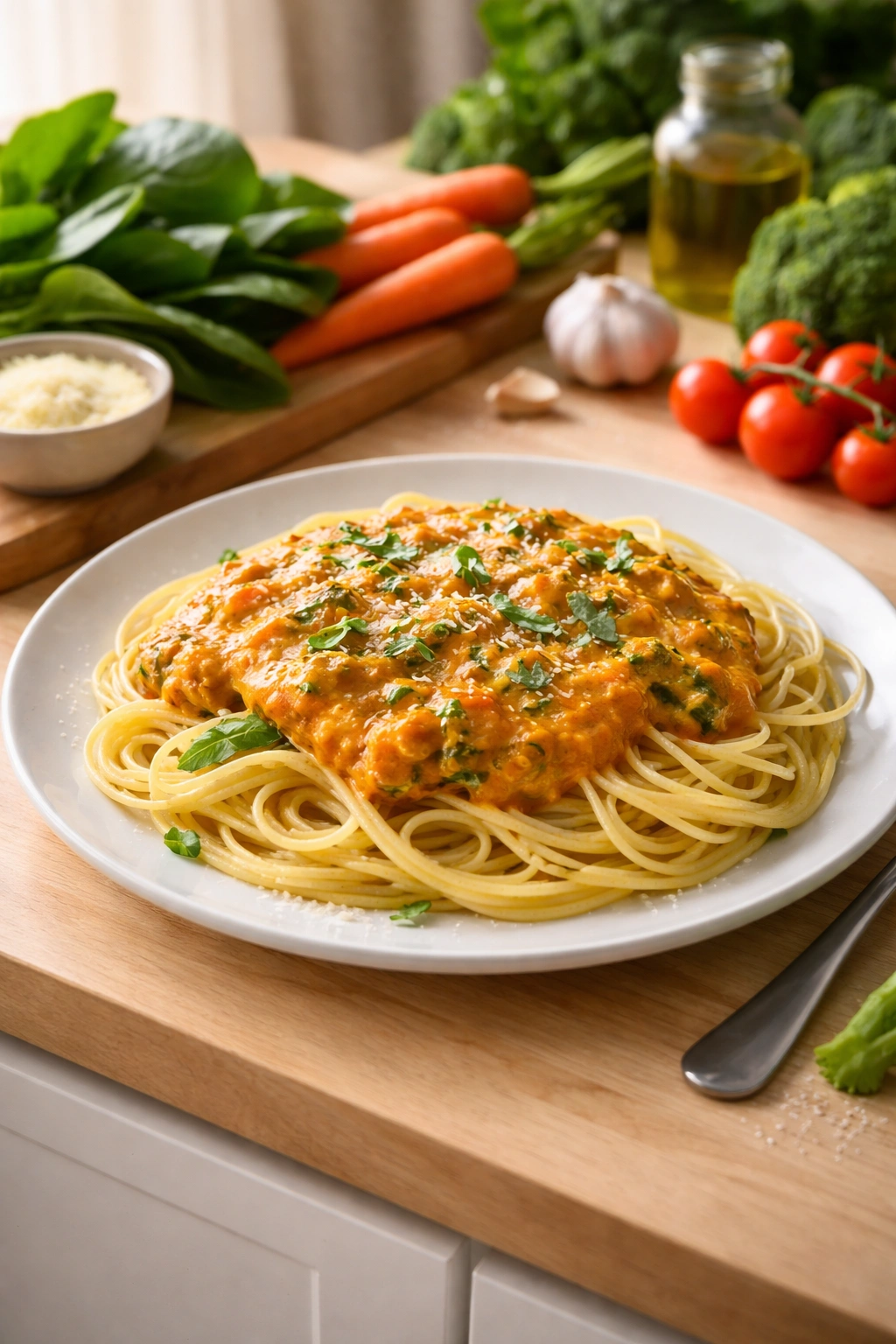 Plate of pasta with blended carrot and spinach sauce showing simple veggie-forward strategy
