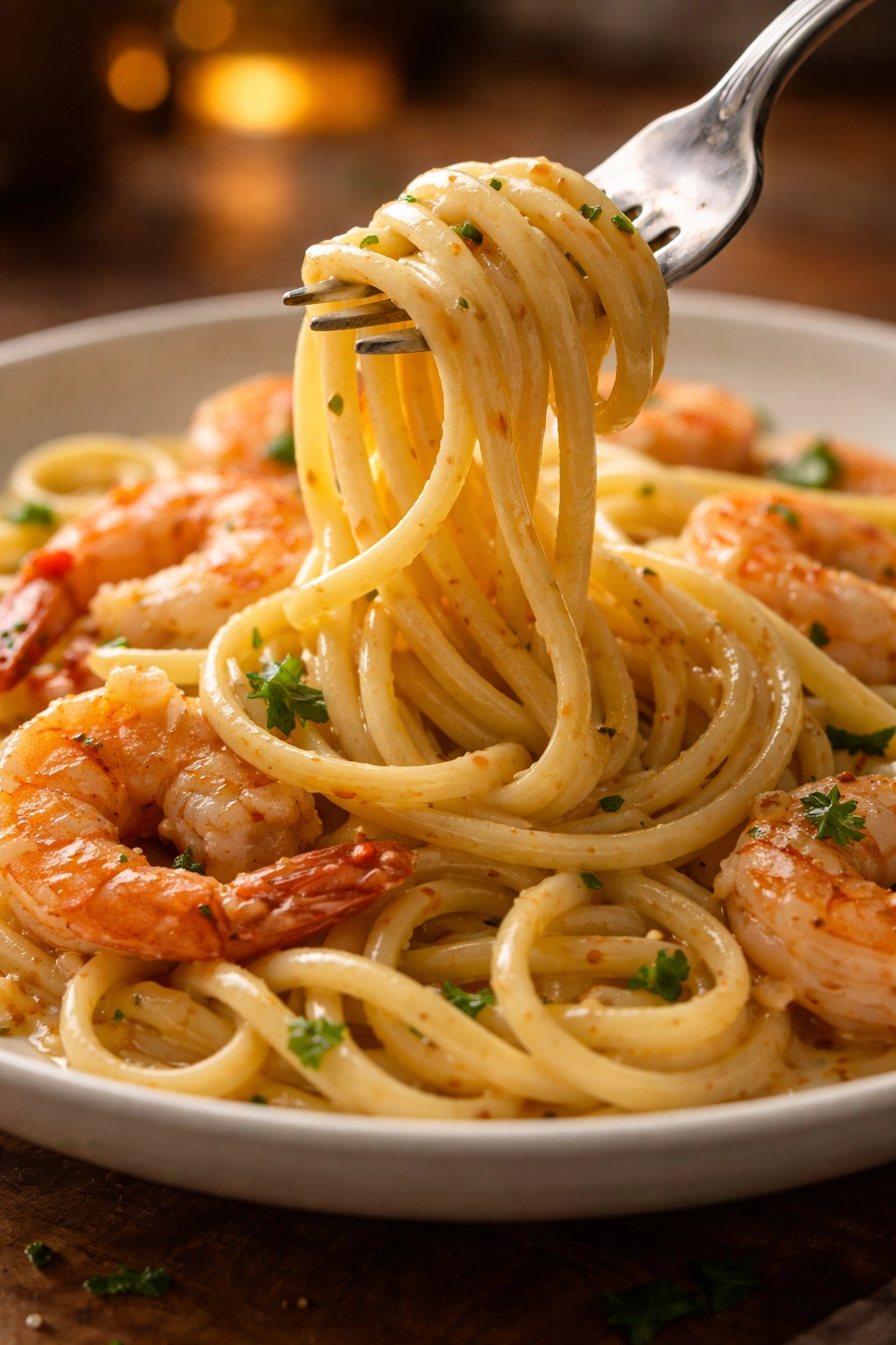 Close-up of pasta coated in silky emulsified sauce clinging to each strand