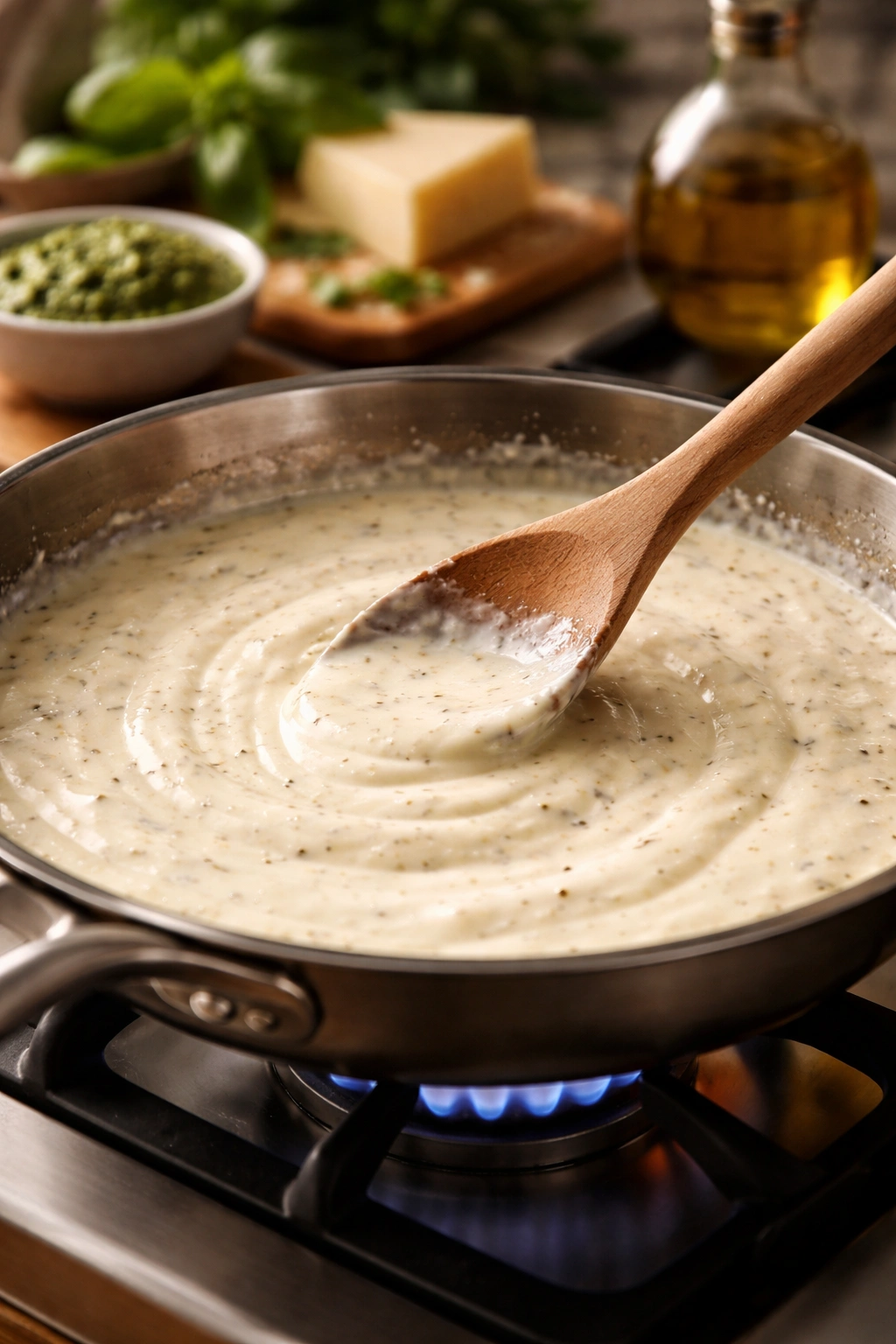 Creamy sauce being stirred gently to avoid curdling