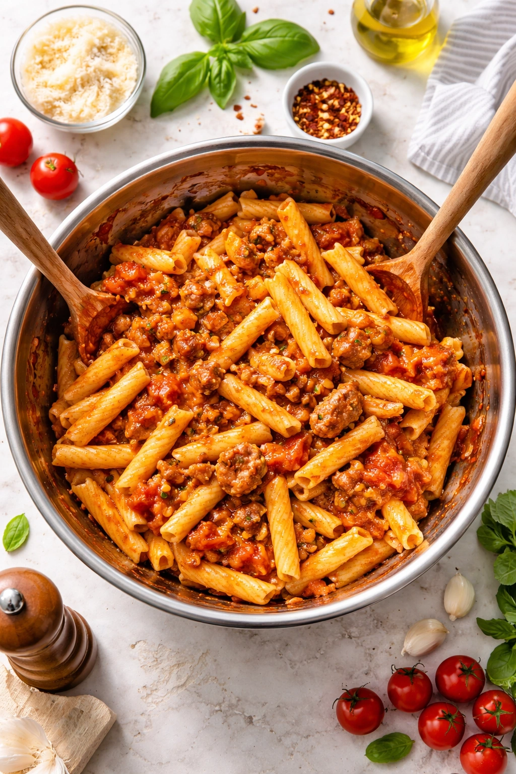 Pasta and sauce mixed together in a large bowl.