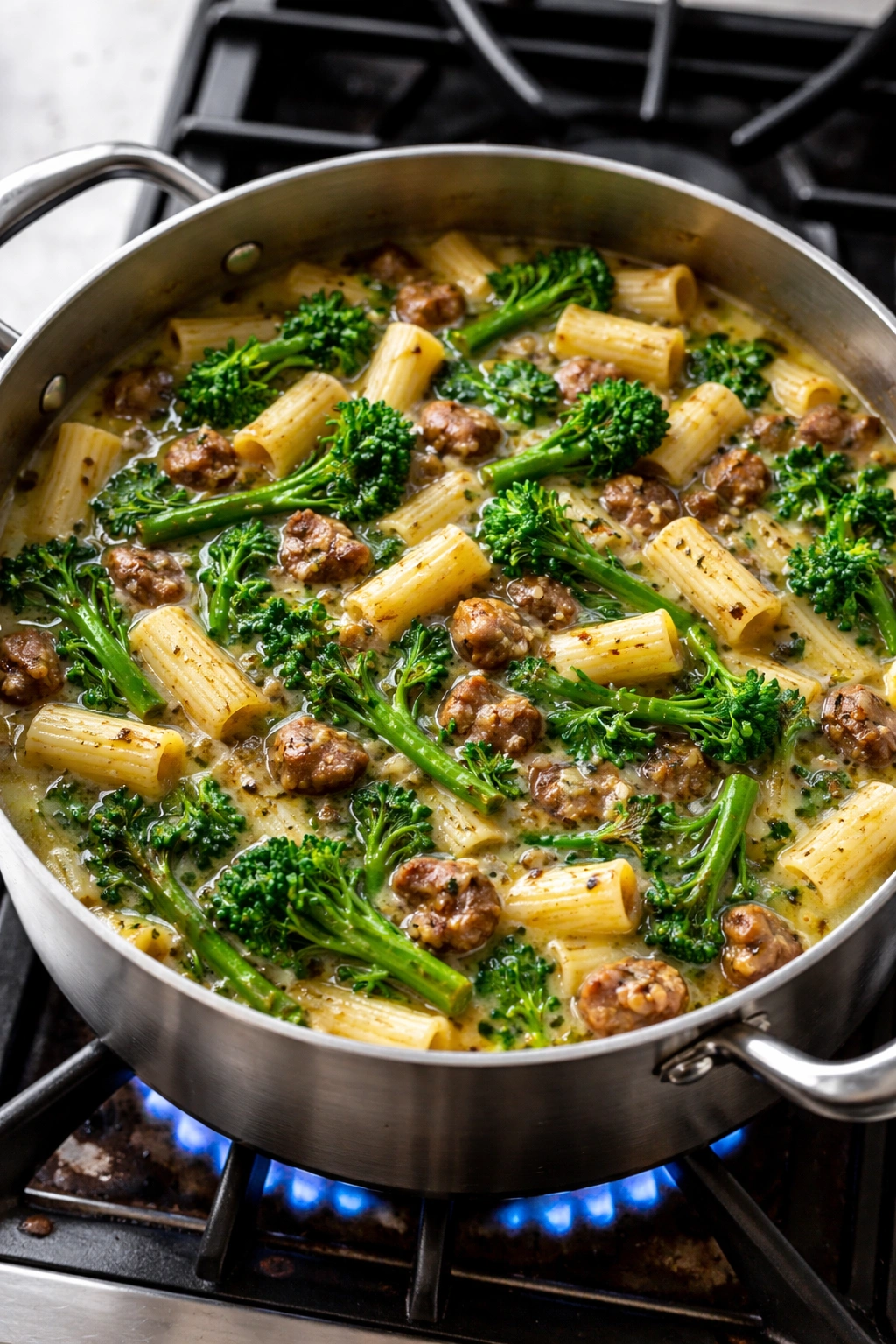 Pasta cooking in broth with sausage and broccoli rabe
