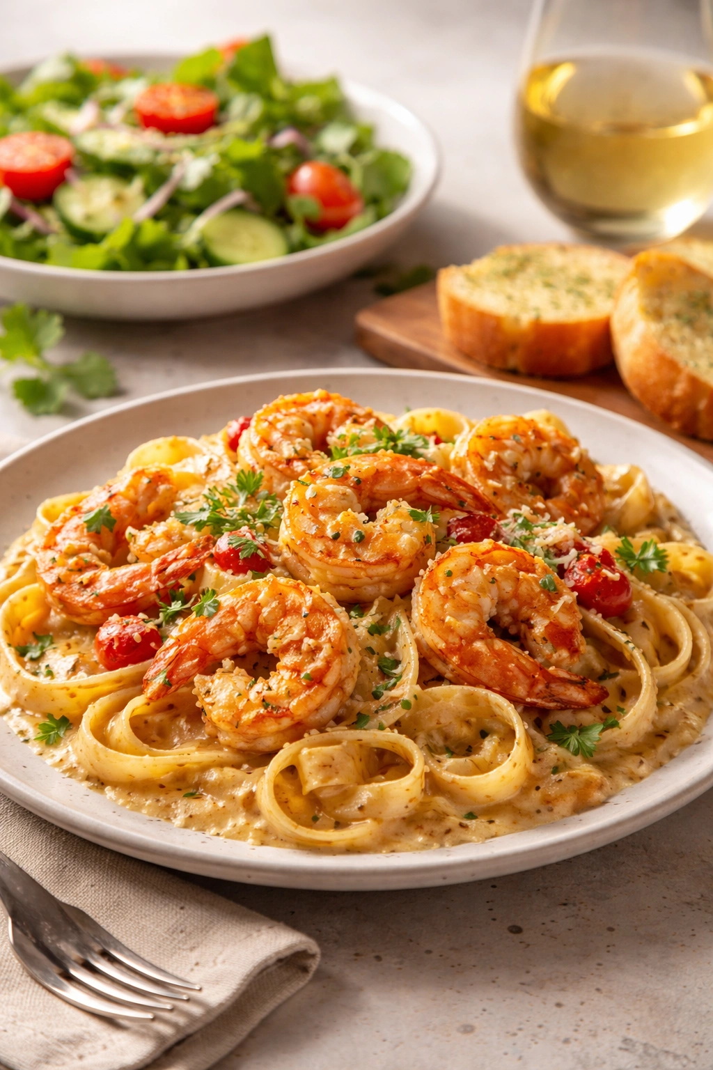 Creamy Cajun Shrimp Pasta served with a simple side and wine in the background