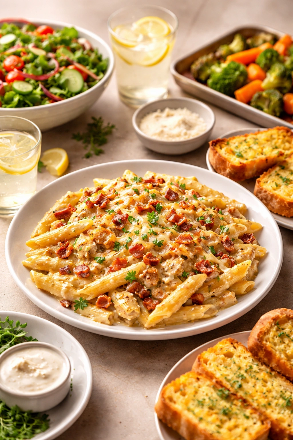 Plate of creamy pasta presented for serving
