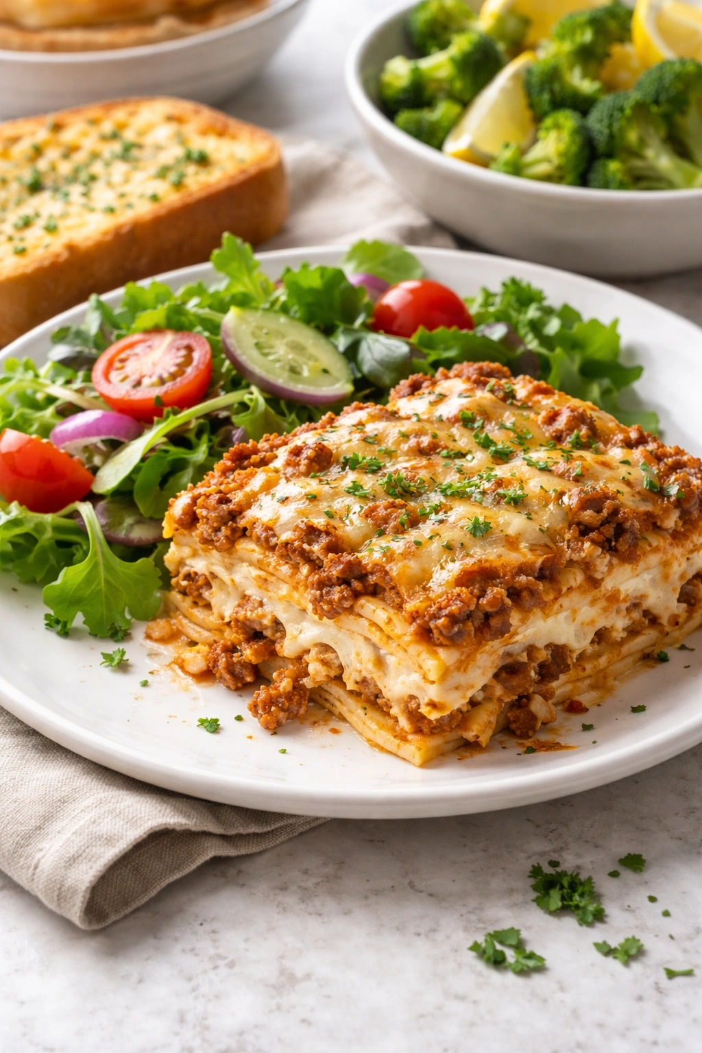 Plate of Million Dollar Pasta with small side salad