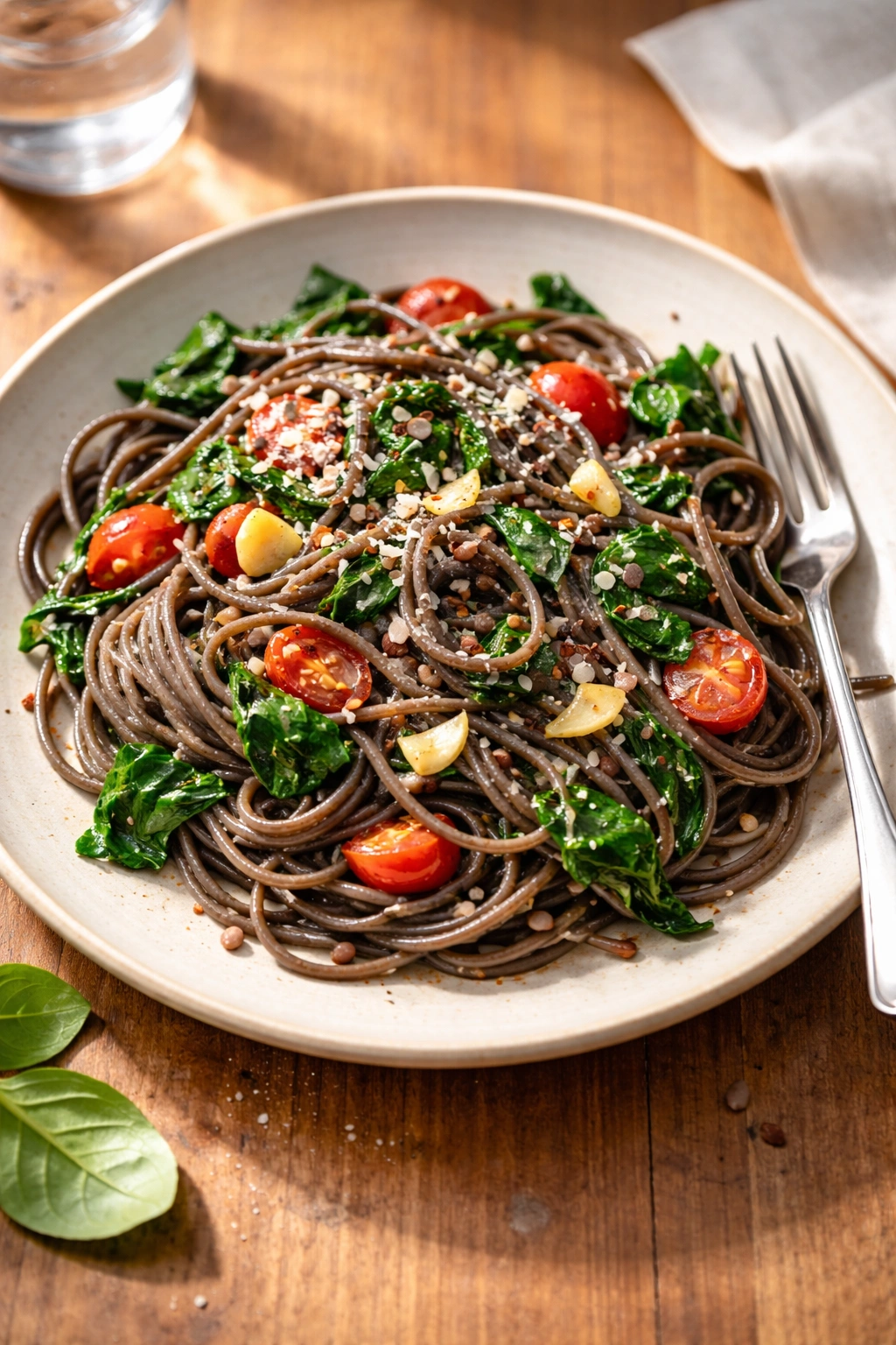 Plated pasta ready to serve on wooden table