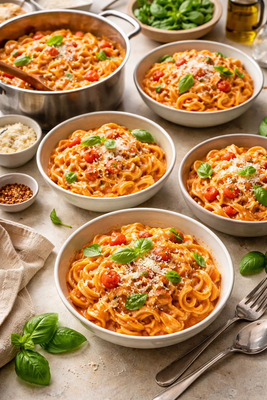 Multiple bowls of creamy pasta on a counter showing yields