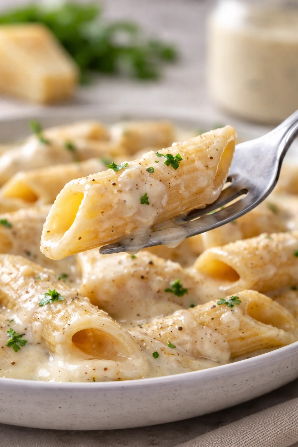 Close-up of a penne pasta coated in creamy Alfredo sauce on a plate