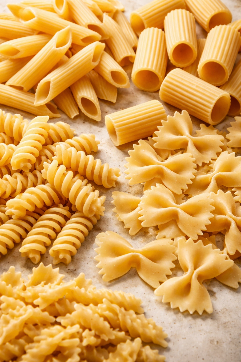 Close-up of assorted dry pasta shapes showing textures and ridges