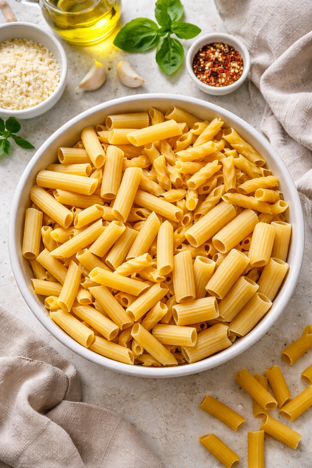 Assorted short pasta shapes in a clean bowl