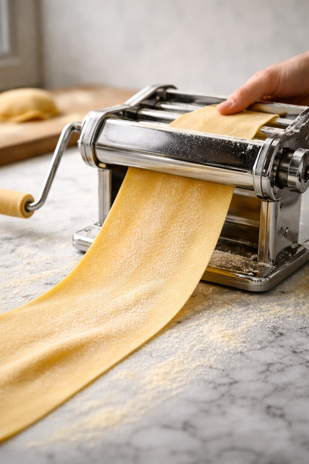 Pasta sheet being rolled through a hand-cranked pasta machine with semolina dust