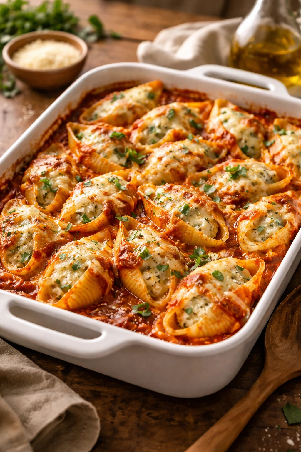 Bubbling cheese-stuffed shells in a 9x13 dish