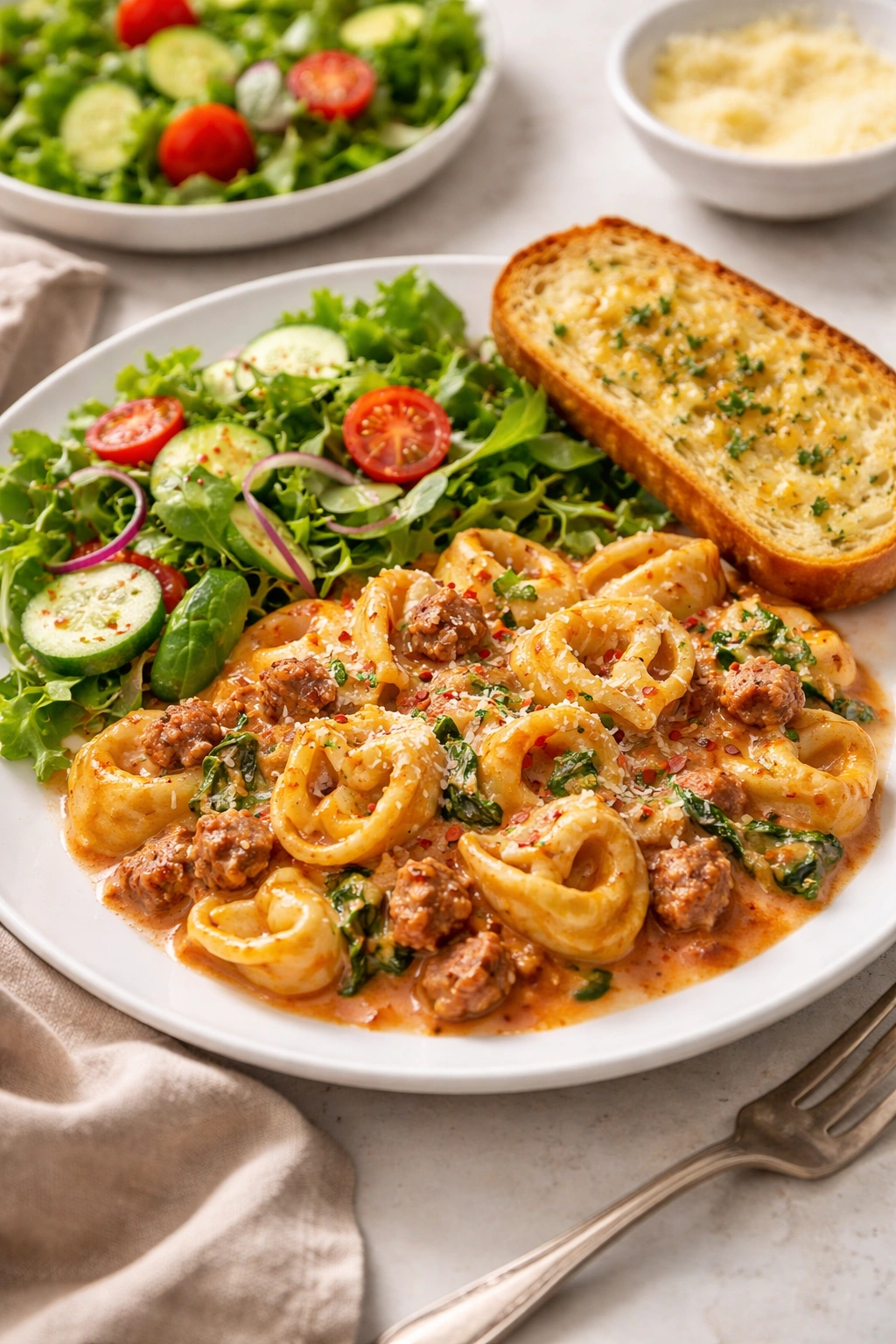 Pasta with salad and garlic bread as dinner sides.
