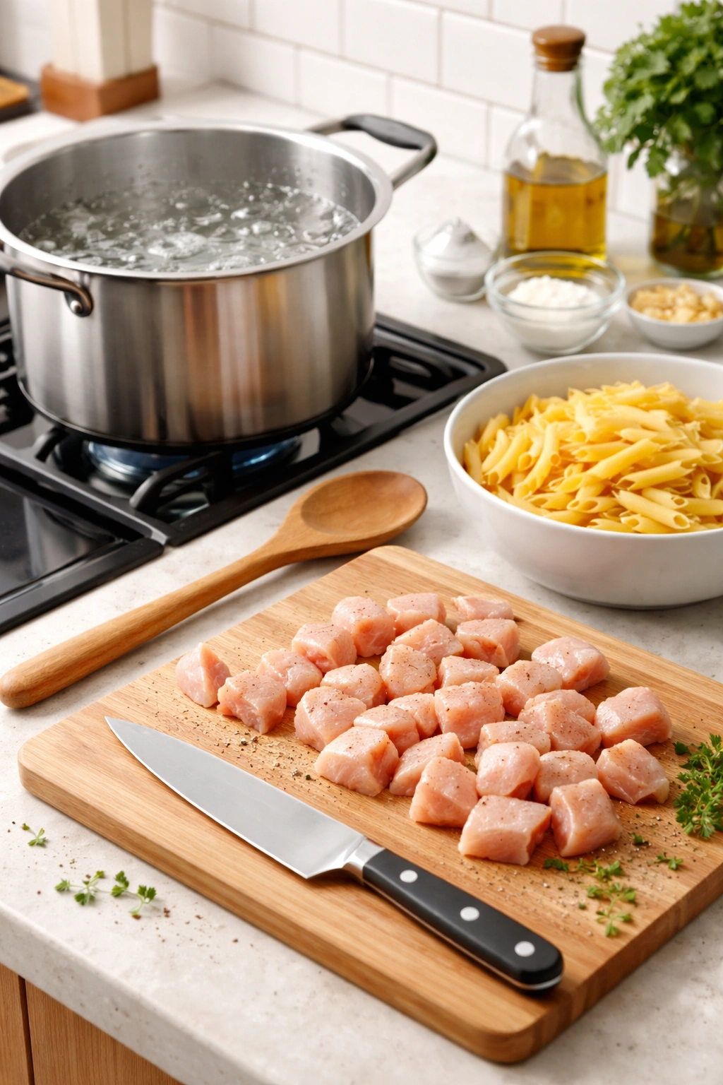 Top-down kitchen counter showing chicken on a board, pot of water, and pasta awaiting cooking