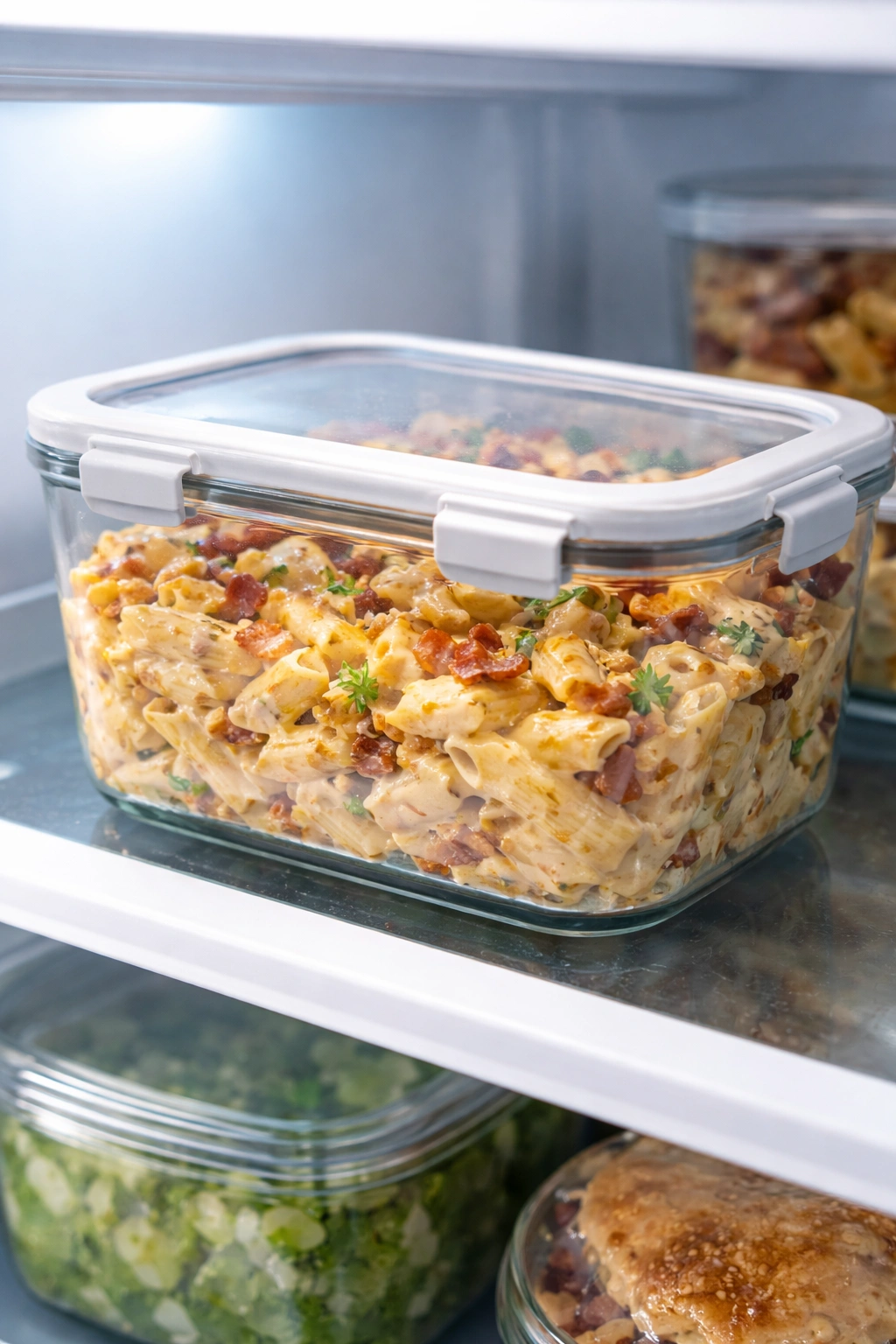 Airtight container of creamy pasta in a fridge
