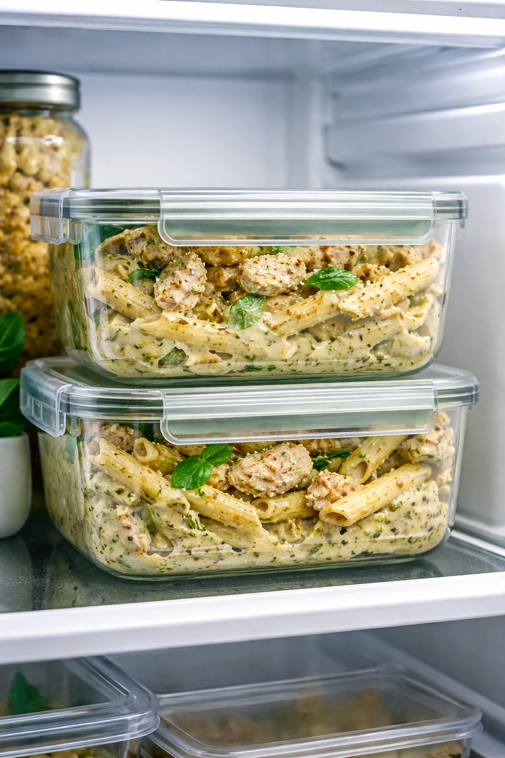 Airtight containers with pasta leftovers in the fridge