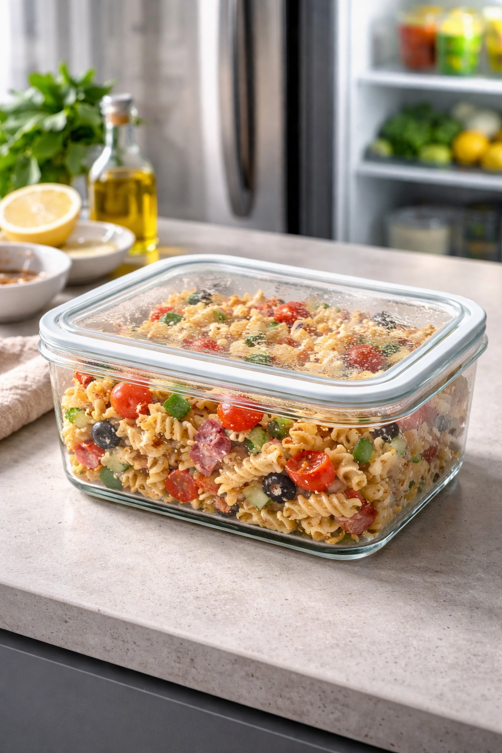 Glass container of pasta salad ready for fridge storage.