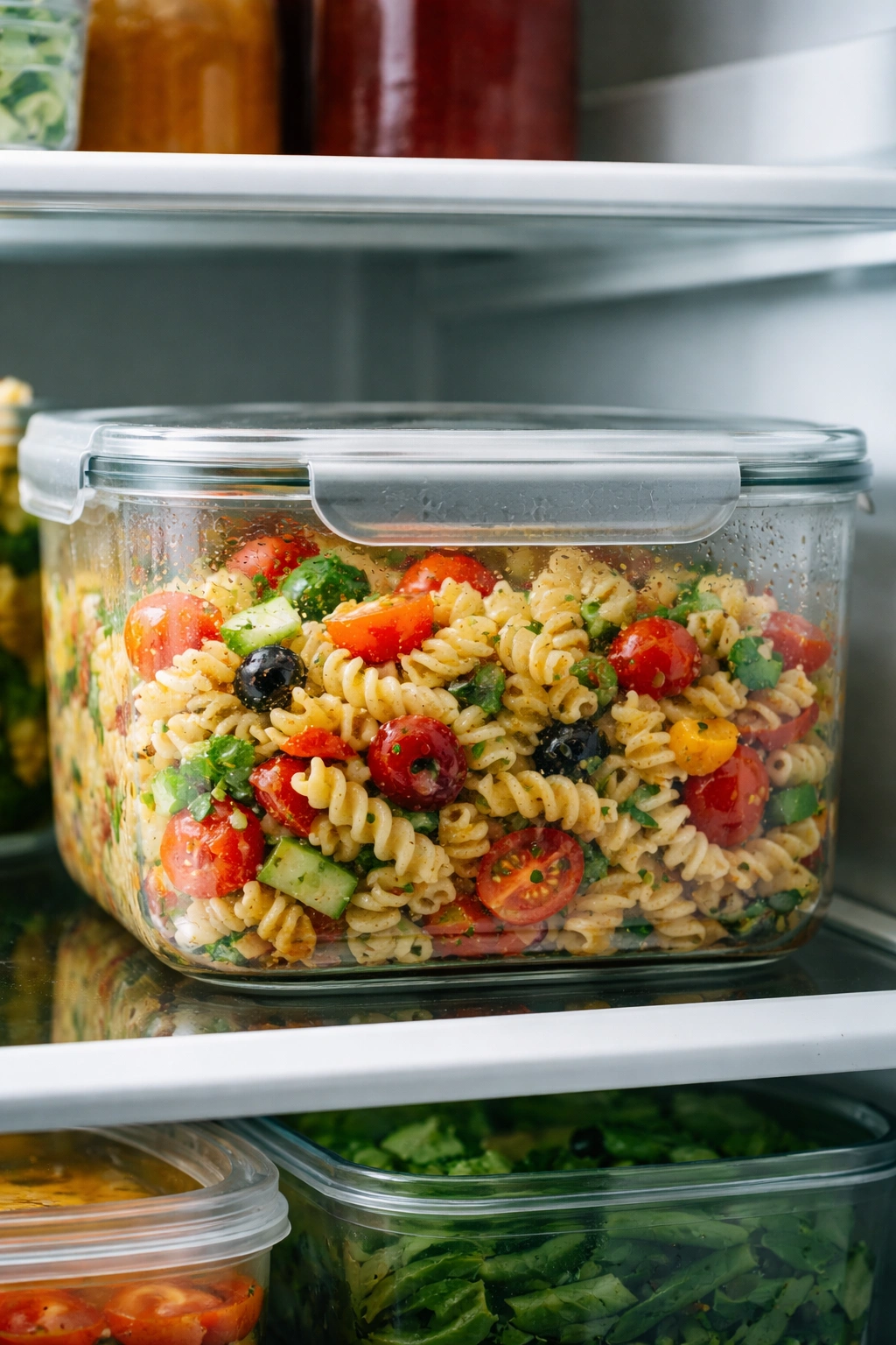Airtight pasta salad storage container in fridge for make-ahead prep