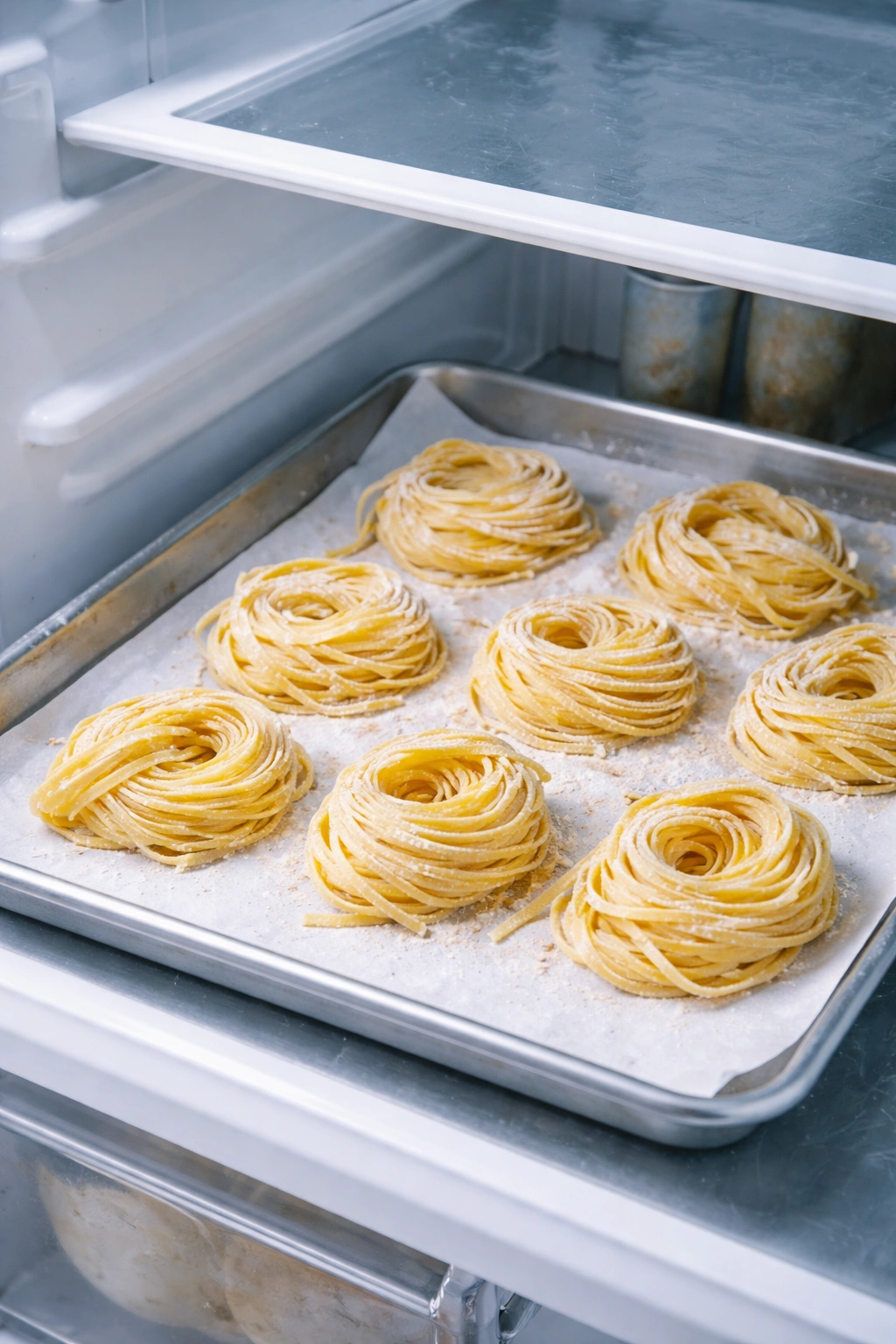 Fresh pasta laid flat on parchment for refrigeration