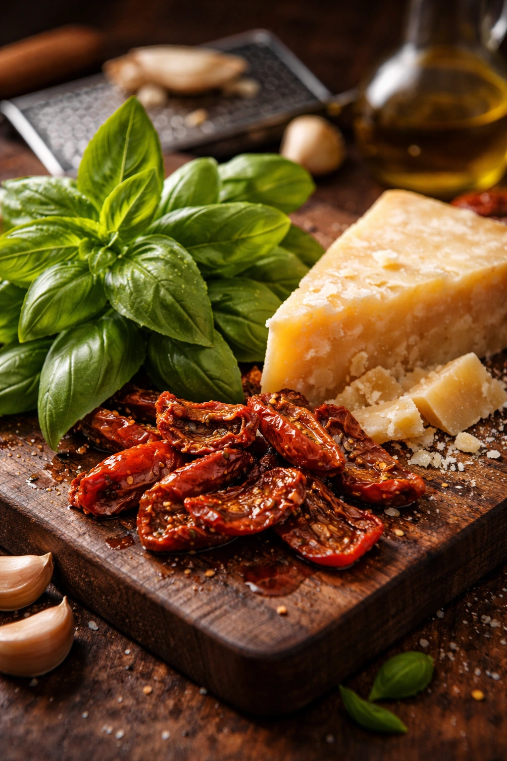 Close-up of basil, sun-dried tomatoes, and Parmesan on a board representing final pasta mastery tips