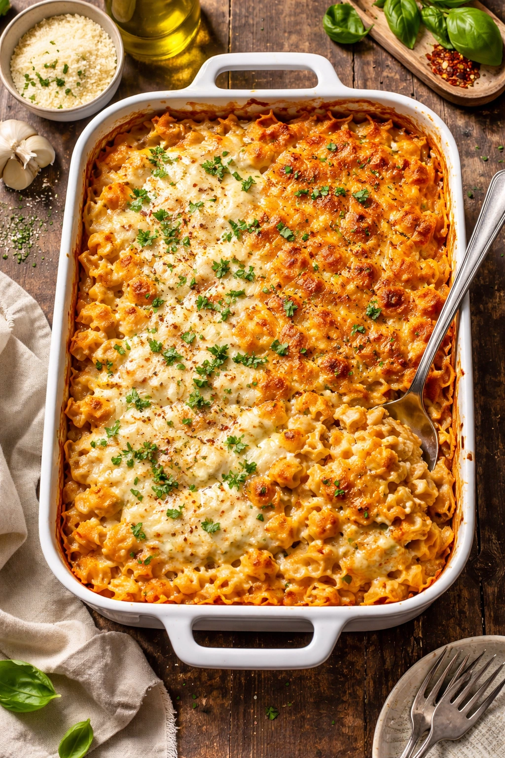 Casserole with two-tone cheese topping suggesting variations