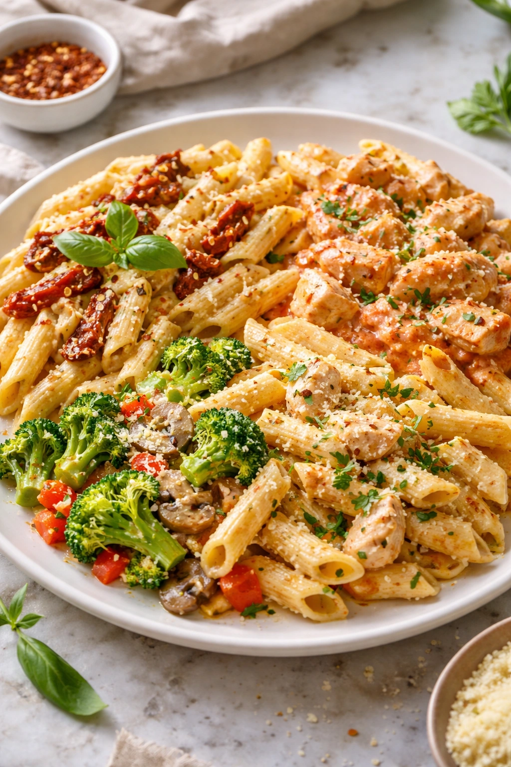 Plate of pasta showing different garnish zones: sun-dried tomatoes, basil, pink sauce, and vegetables