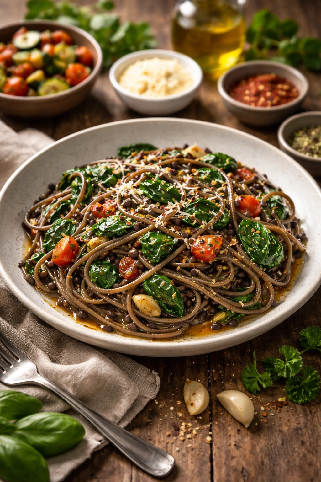 Plate of black bean pasta with garlic oil and wilted greens showing flavor variations.