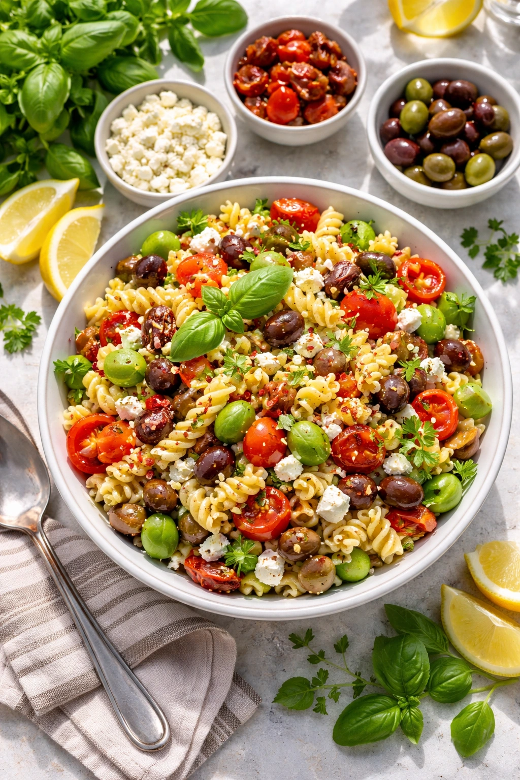 Mediterranean-style pasta salad with olives feta tomatoes herbs