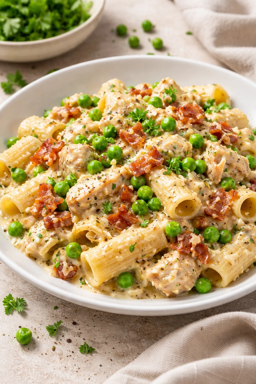 Pasta with visible peas suggesting recipe variations