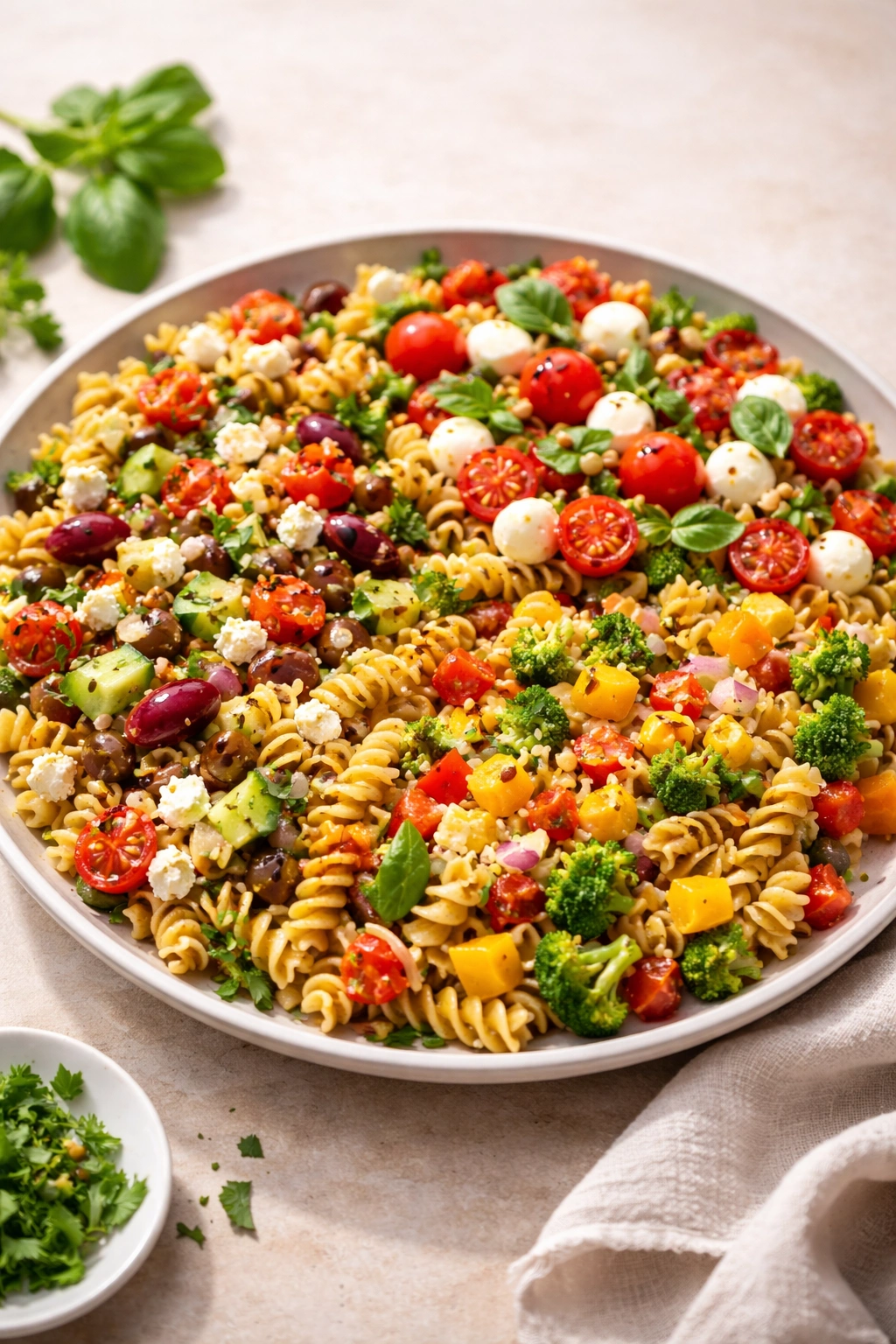 Plate of pasta salad showing Mediterranean, Caprese, and garden variations